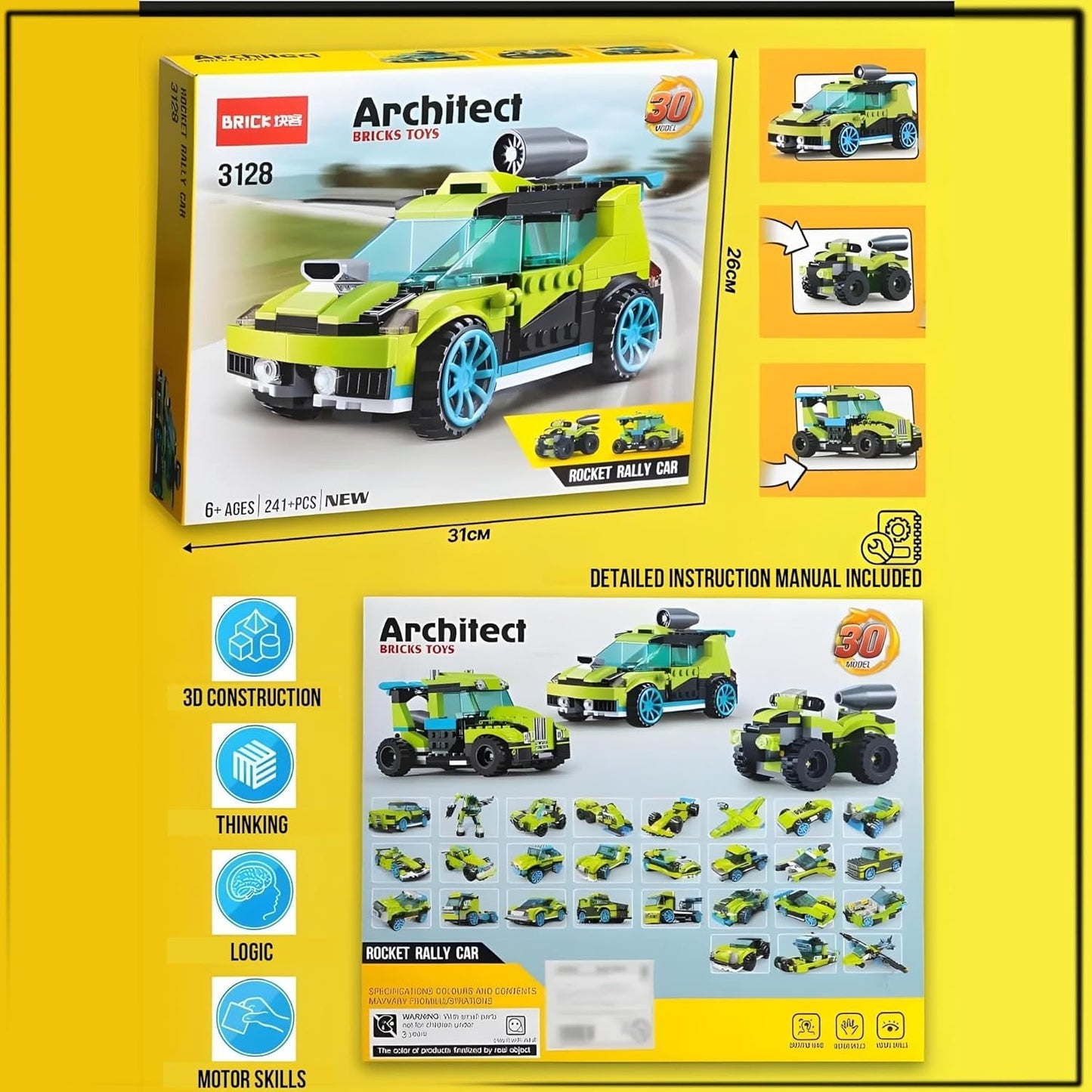 Rocket Rally Car Building Set 30-in-1 Race Car, Jet Truck & Quad Bike