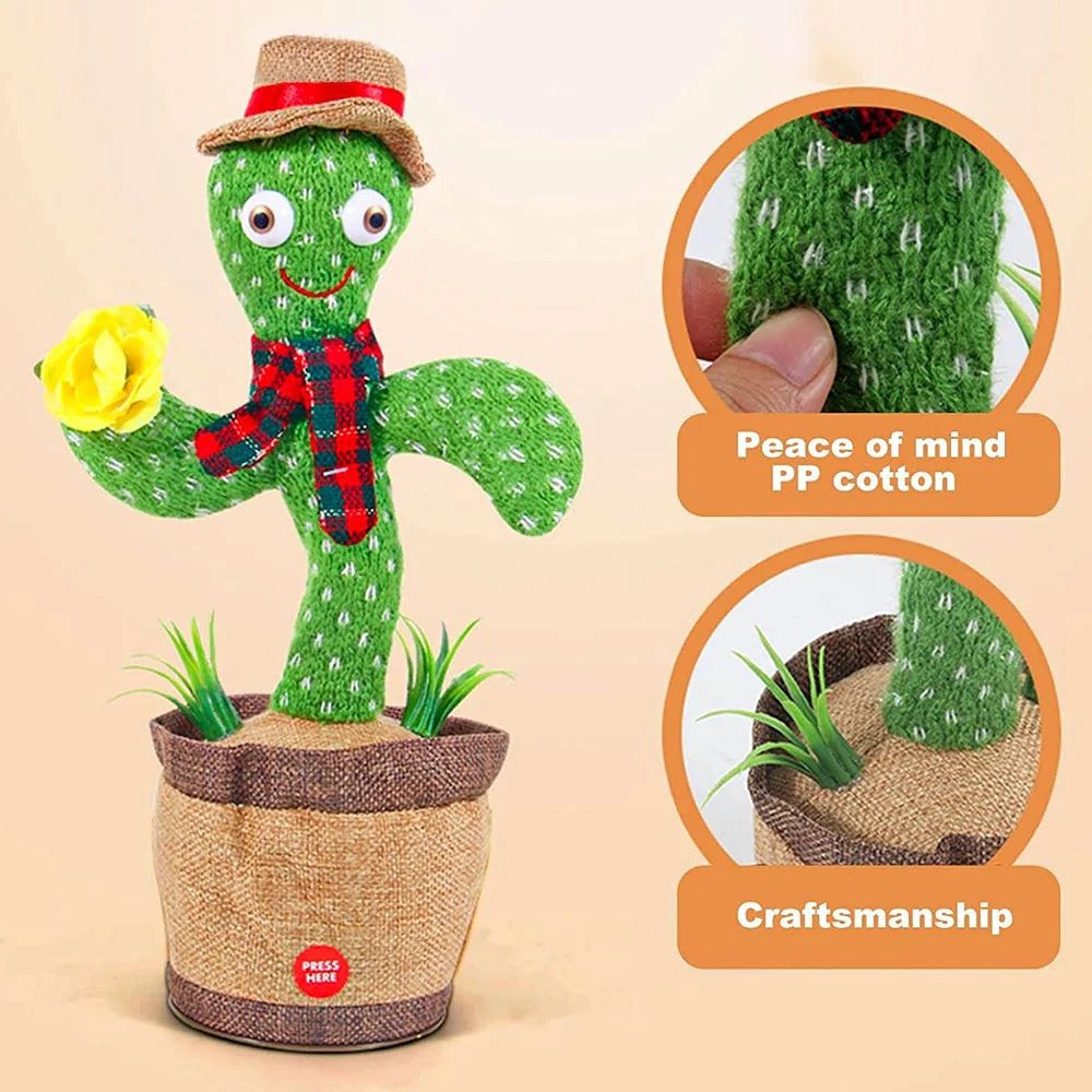 Dancing Cactus CELL + CHARGEABLE Plush Toy Singing and Dancing with Record and Repeat Functions with Light effects