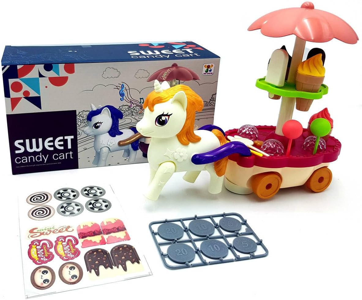 Ice Cream Cart Trolley Toy Unicorn Music n Light Plastic Cart Candy Cart