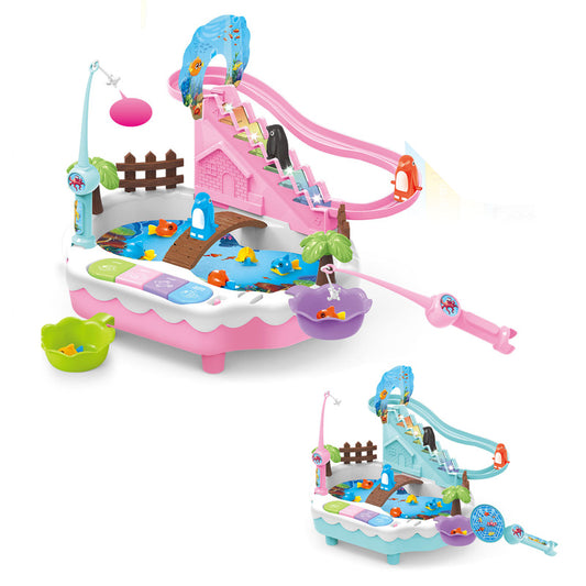Fish Table Game 2 in 1 Slide Penguin Railway with Fishing Water Table Interactive