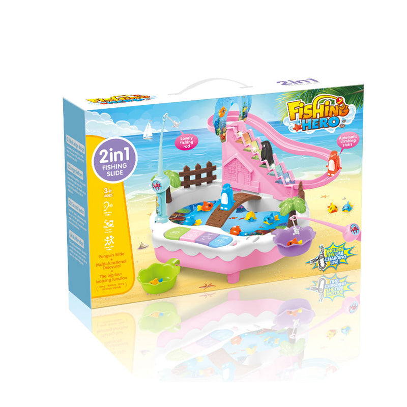 Fish Table Game 2 in 1 Slide Penguin Railway with Fishing Water Table Interactive