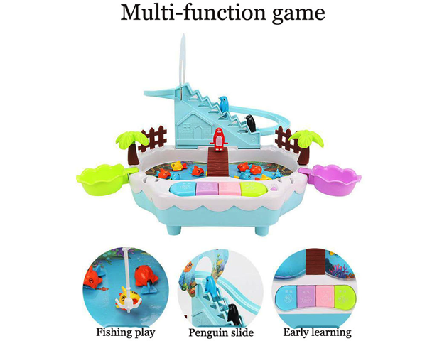 Fish Table Game 2 in 1 Slide Penguin Railway with Fishing Water Table Interactive