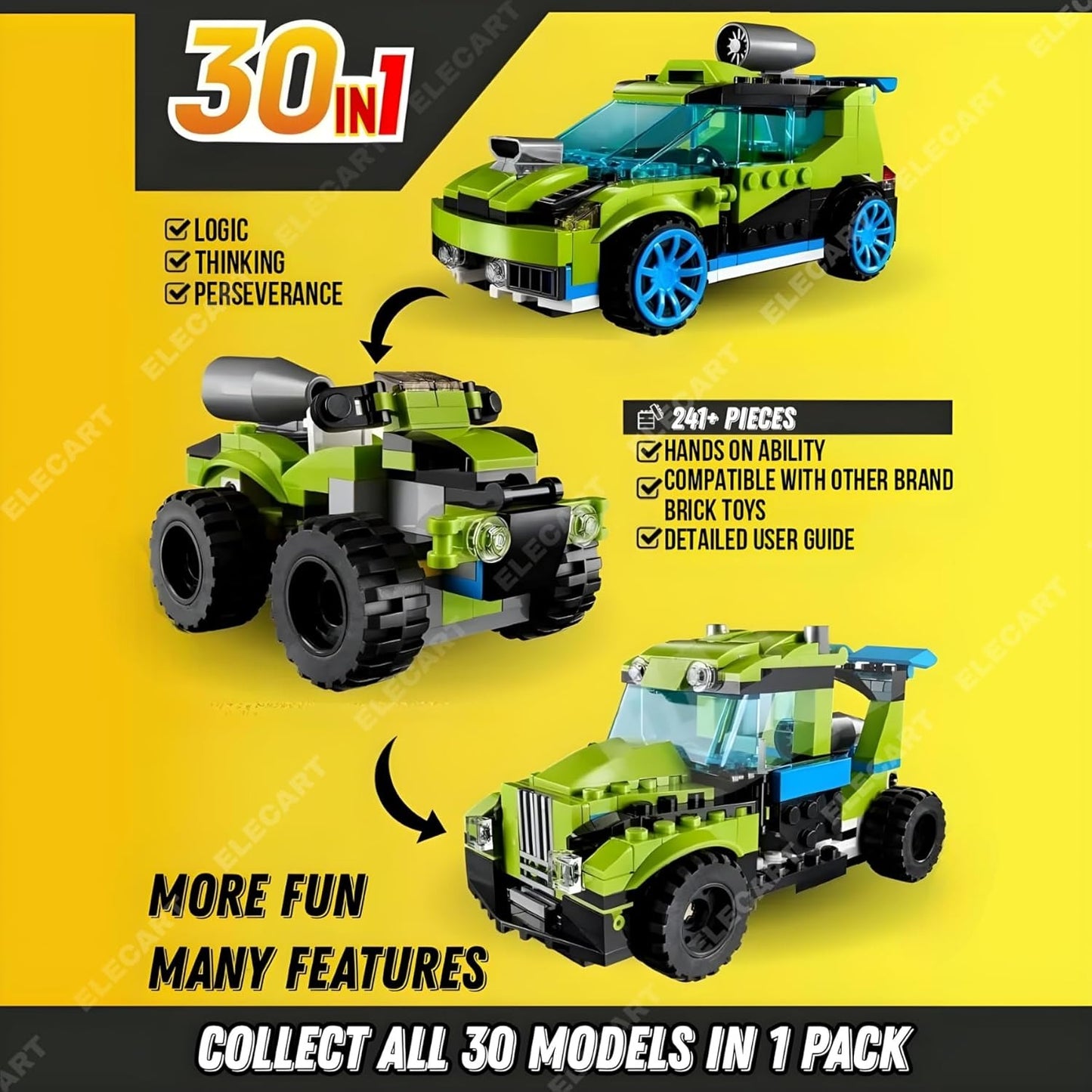Rocket Rally Car Building Set 30-in-1 Race Car, Jet Truck & Quad Bike