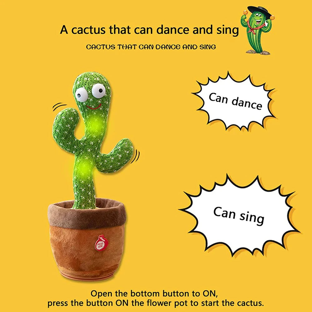 Dancing Cactus CELL + CHARGEABLE Plush Toy Singing and Dancing with Record and Repeat Functions with Light effects