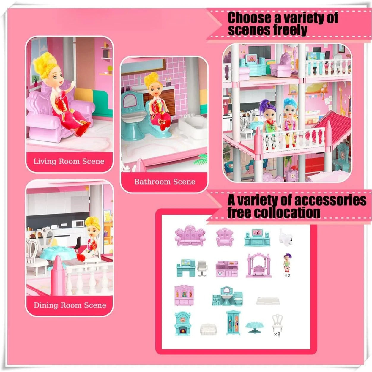 4 Rooms Doll House Villa Set For Kids