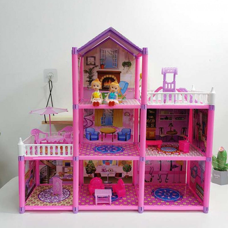 Holiday Villa Three Story Pink Doll House For Girls - 129 pcs
