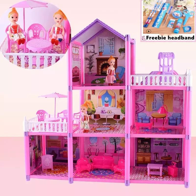 Holiday Villa Three Story Pink Doll House For Girls - 129 pcs