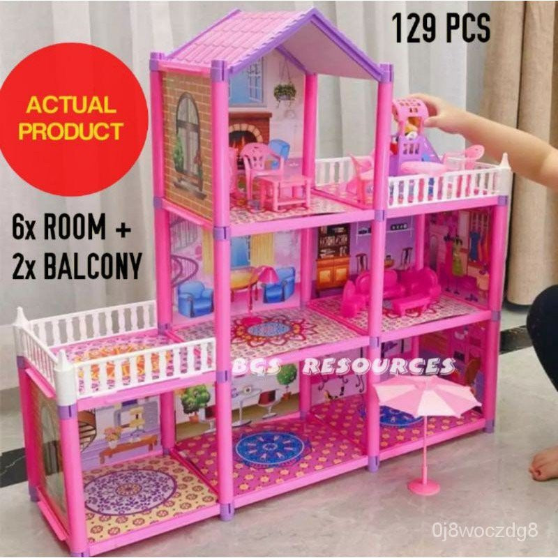Holiday Villa Three Story Pink Doll House For Girls - 129 pcs