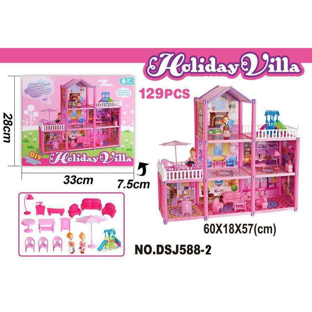 Holiday Villa Three Story Pink Doll House For Girls - 129 pcs